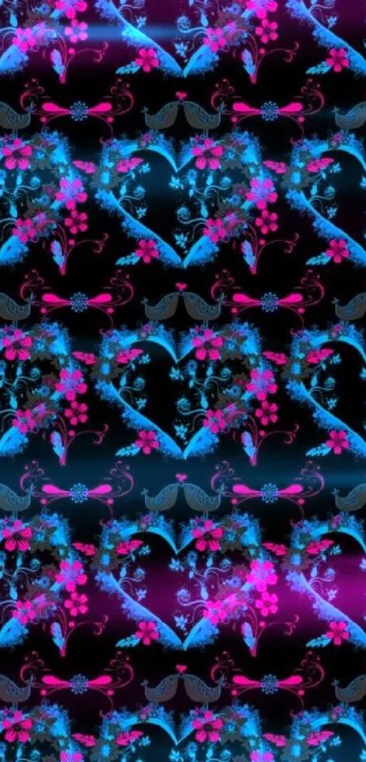 Vibrant floral pattern with pink and blue on black background.