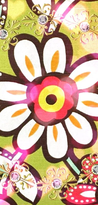 Colorful floral pattern wallpaper with bold, intricate design.