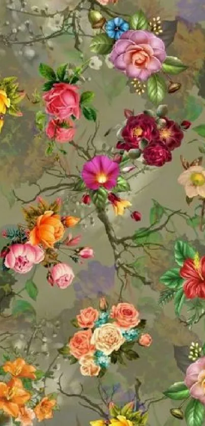 Mobile wallpaper with vibrant floral pattern in various colors on an olive green background.