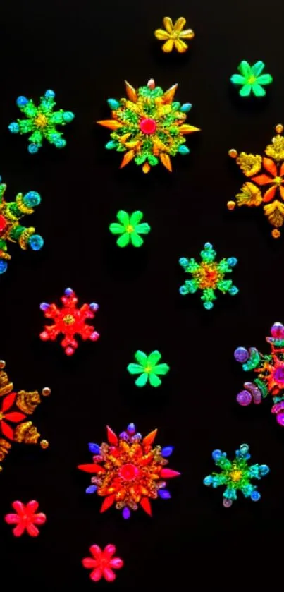 Vibrant colorful floral pattern on black background wallpaper.
