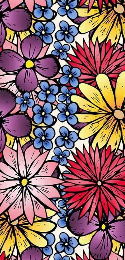 Vibrant phone wallpaper with colorful flowers in a lively pattern.