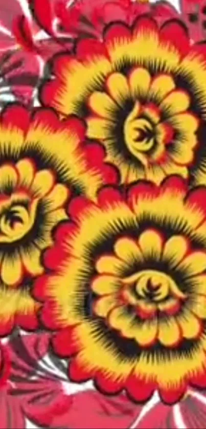 Vibrant floral pattern with red and yellow flowers creating a bold design.