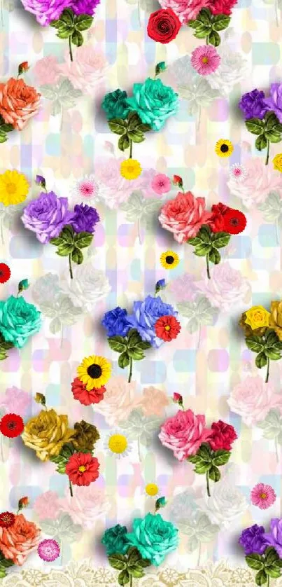 Multicolored roses on a pastel background wallpaper.