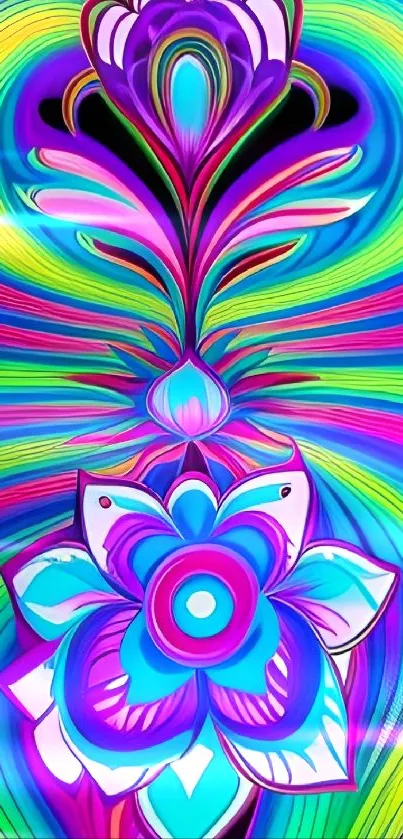 Vibrant floral pattern with psychedelic colors and intricate design.