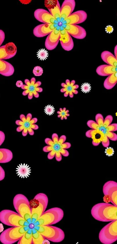 Vibrant floral pattern with colorful flowers on black background.