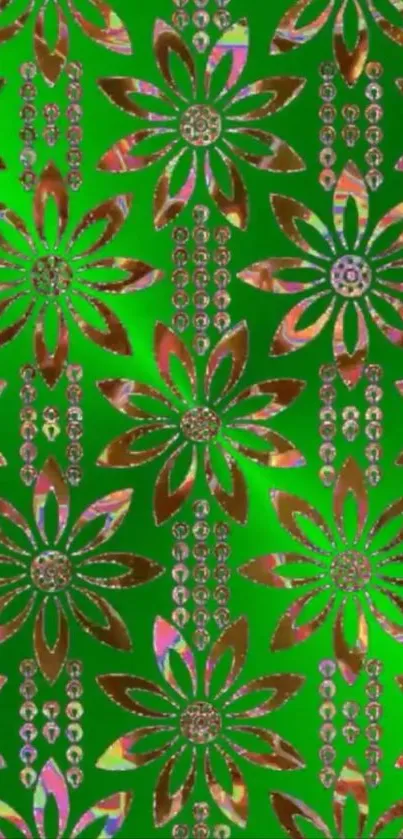 Green floral wallpaper with holographic flowers.