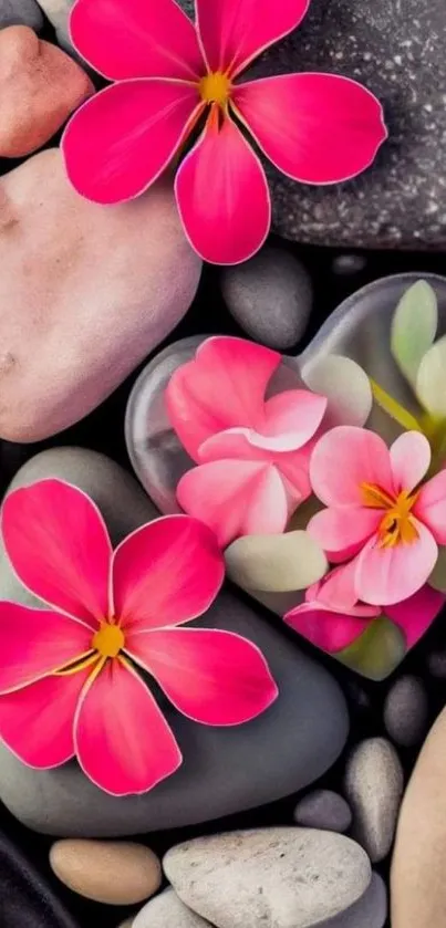 Vibrant pink flowers on smooth pebbles wallpaper for mobile screen.