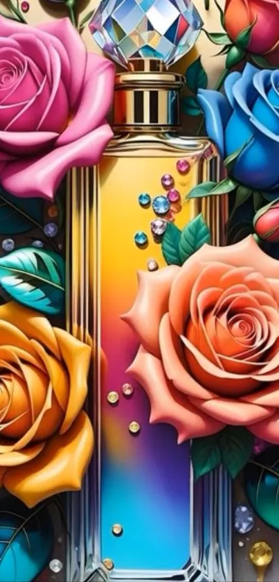 Colorful roses and crystal perfume bottle art.