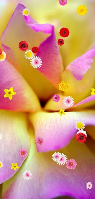 Vibrant wallpaper with pink petals and colorful flowers.