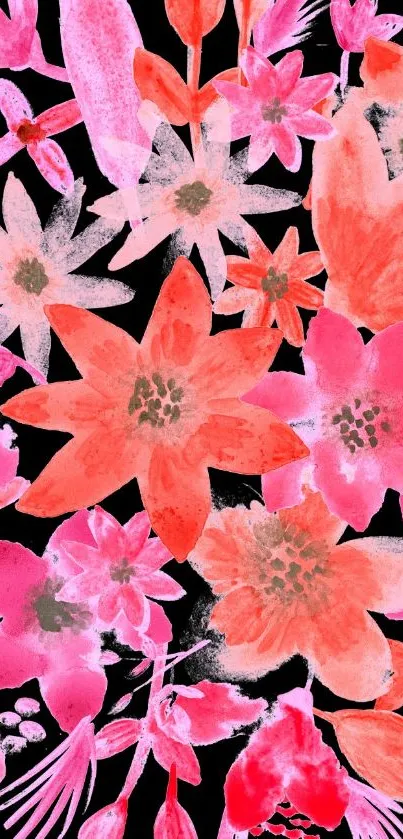 Vibrant pink and orange floral wallpaper on a black background.