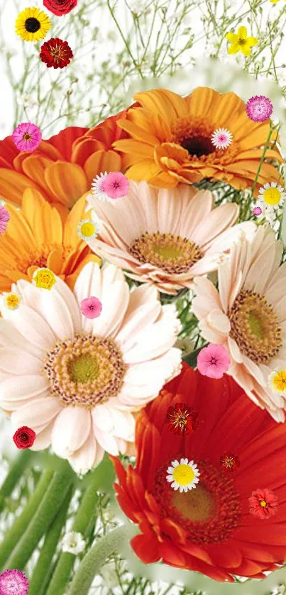 Vibrant floral wallpaper with colorful daisies and lush green stems.