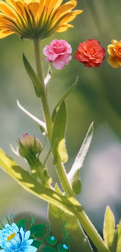 Floral wallpaper with colorful flowers and green leaves for phone background.