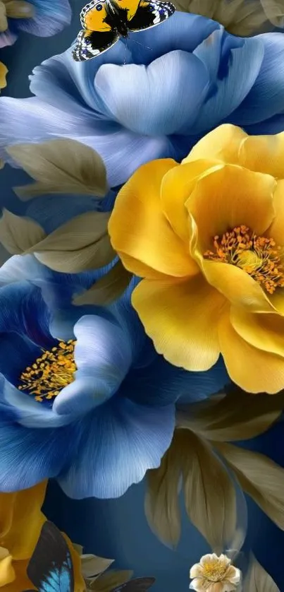 Floral wallpaper with blue and yellow flowers.