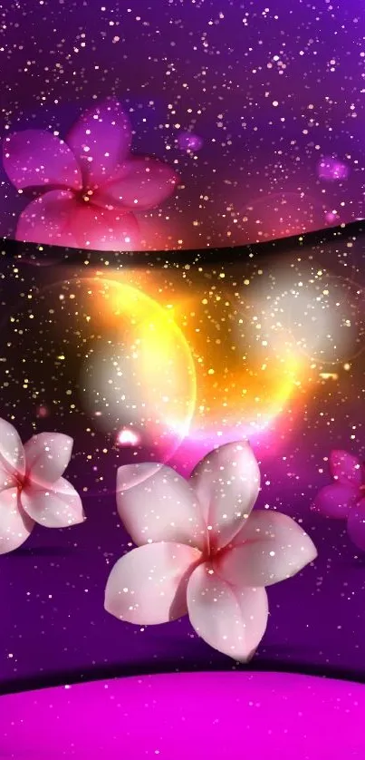 Vibrant purple and pink floral wallpaper with glowing light effects.