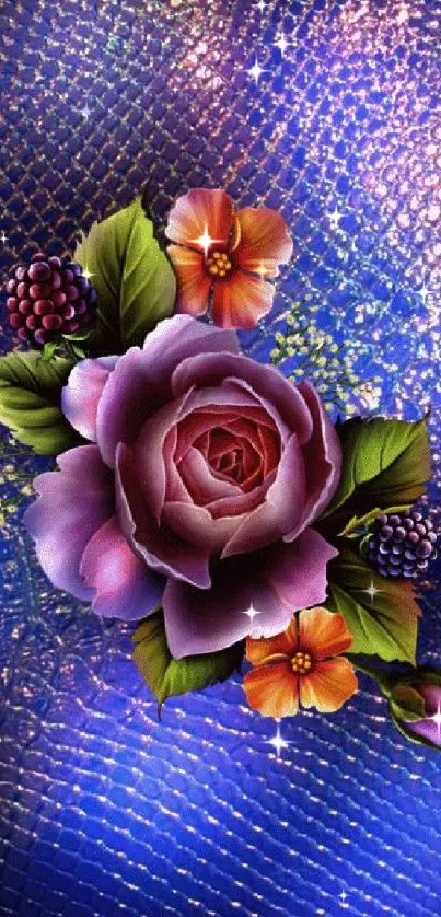 Purple rose with vibrant blue textured background.