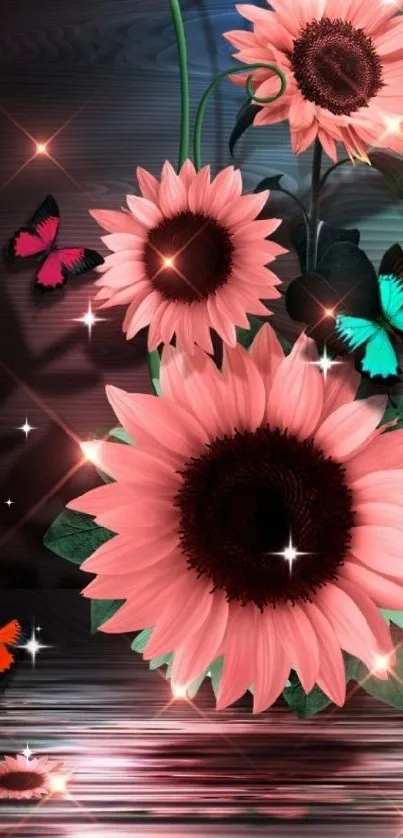 Vibrant sunflower and butterfly design with a dark gradient background.