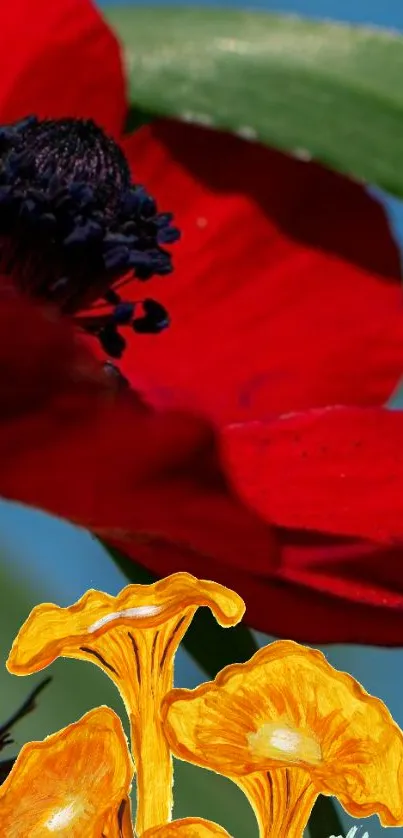 Vibrant red flower with green leaves and artistic yellow accents.