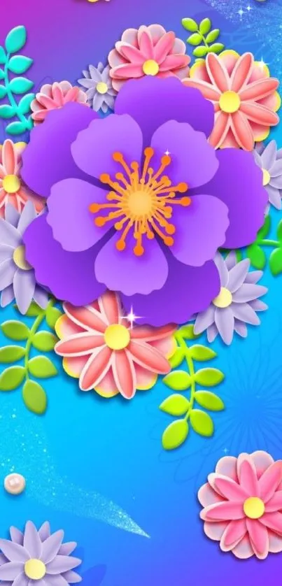 Colorful floral wallpaper with purple petals and green leaves.