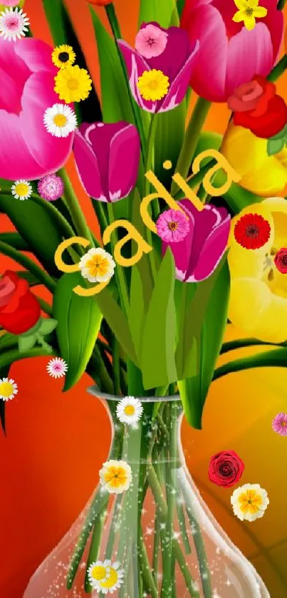 Colorful tulips in a glass vase mobile wallpaper.