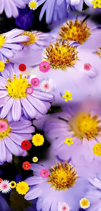 Vibrant purple daisy flowers with colorful blooms create a lively phone wallpaper.