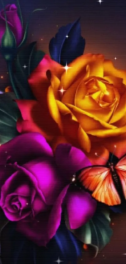 Colorful roses and butterfly on dark background wallpaper.