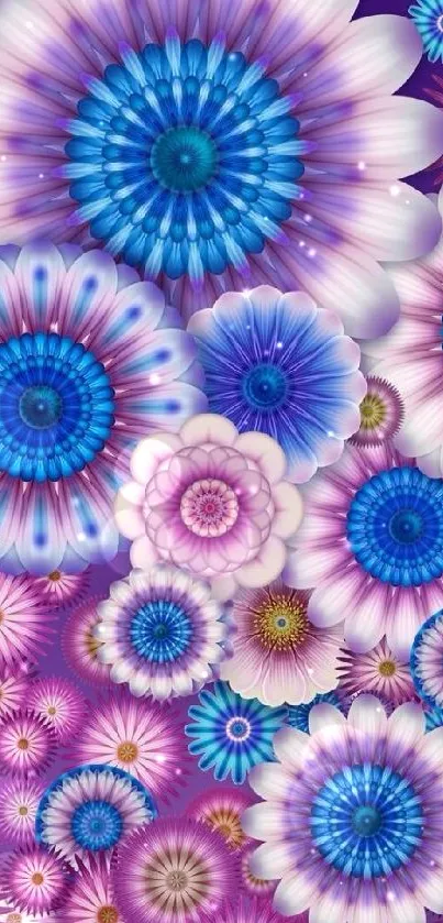 Vibrant floral wallpaper with blue and pink flowers on a purple background.