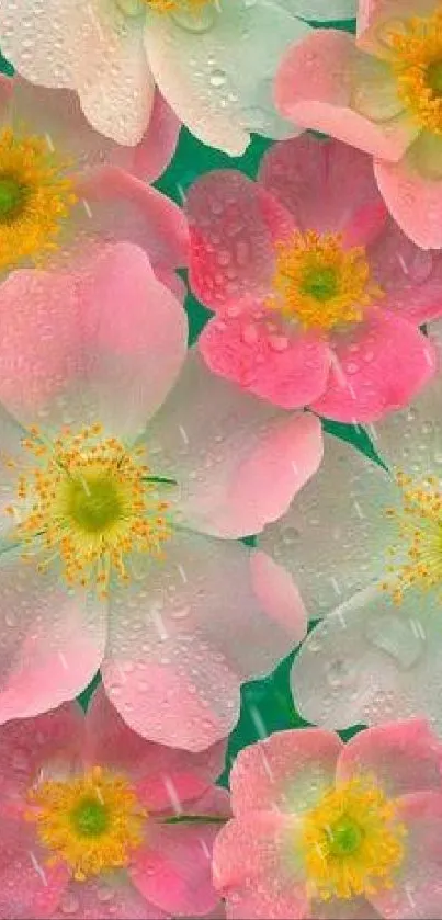 Beautiful pink and white flowers with dew drops on a green background.