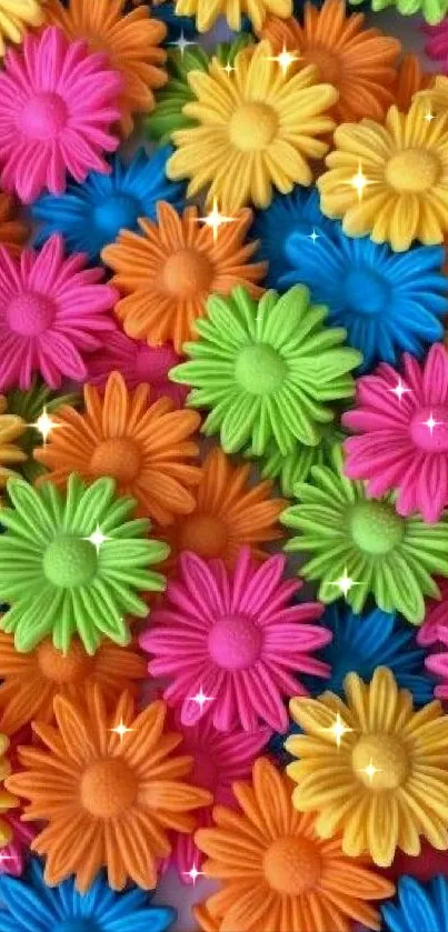 Colorful daisy floral wallpaper for smartphones, featuring pink, blue, green flowers.