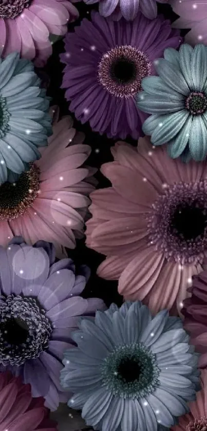 Vibrant pastel daisy floral phone wallpaper in purple tones.