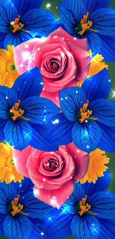 Vibrant floral wallpaper with roses and blue flowers.