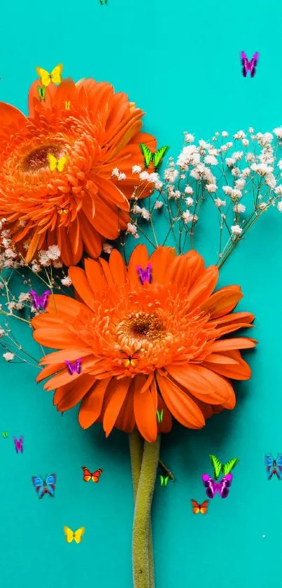 Orange daisies on teal background floral wallpaper.