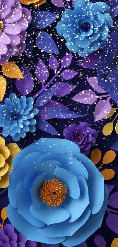 Vibrant, colorful floral design with blue, purple, and yellow flowers on a navy background.