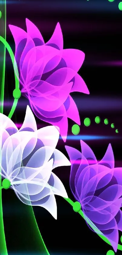 Vibrant purple and white digital flowers on a black background.