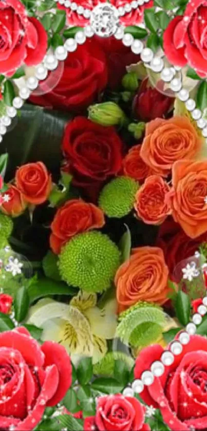 Vibrant floral wallpaper with red roses, orange flowers, and pearl accents.