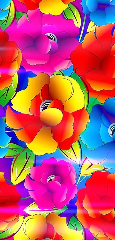 A vibrant wallpaper featuring colorful abstract flowers in red, yellow, and blue hues.