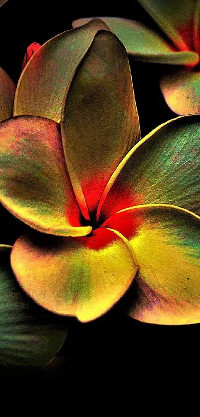 Vibrant plumeria blossoms on a dark background, perfect for mobile wallpaper.