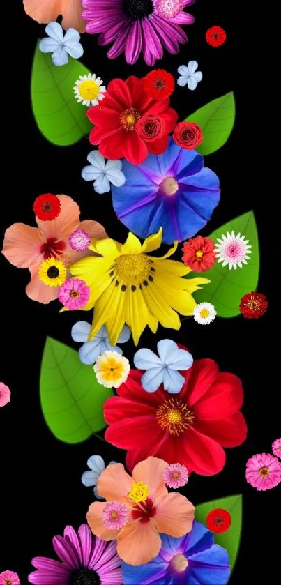 Colorful flowers with green leaves on a black background mobile wallpaper.