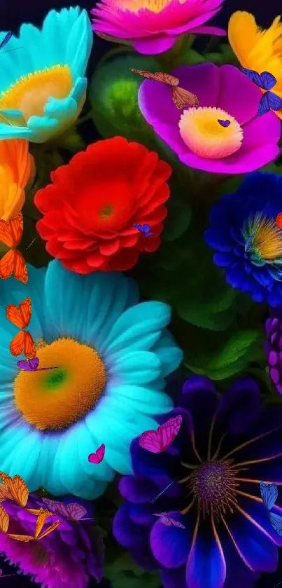 Vibrant phone wallpaper with colorful flowers in bloom on a dark background.