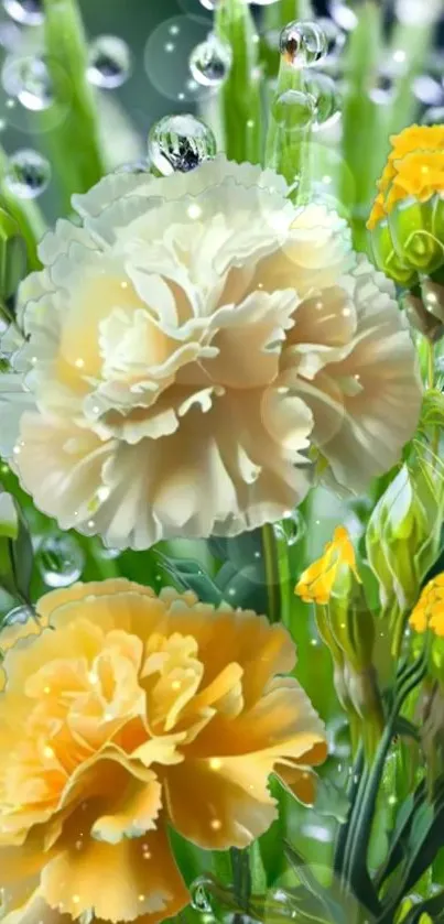 Yellow carnations with green leaves and dew drops create a vibrant phone wallpaper.