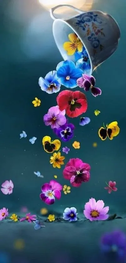 Vibrant flowers cascading from teacup on teal background.