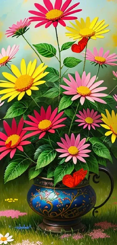 Colorful daisies in a vase on a vibrant green background.