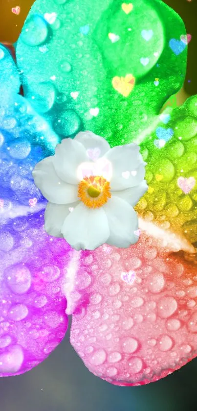 Vibrant, colorful flower phone wallpaper with dewdrops and a white bloom center.