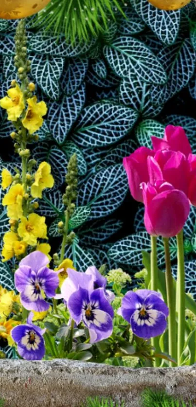 Vibrant floral phone wallpaper with tulips and pansies.