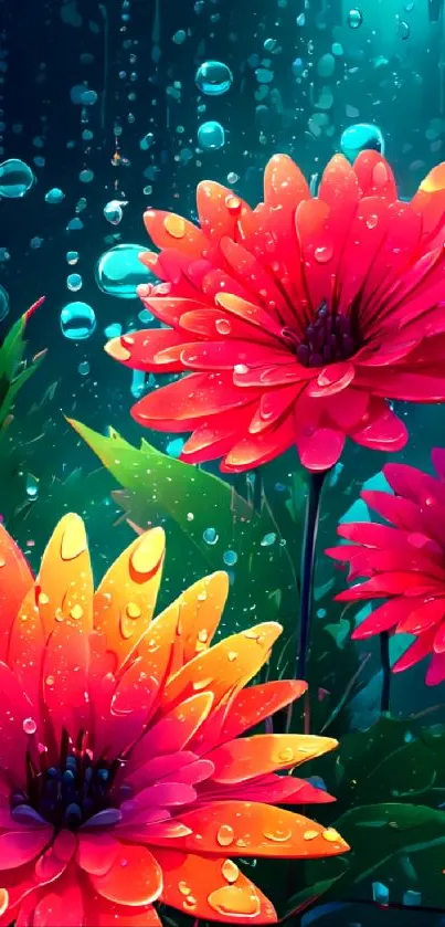 Vibrant flowers with water droplets on mobile wallpaper.