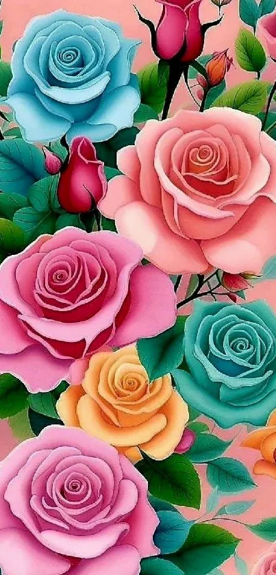 Colorful rose floral wallpaper in shades of pink and blue.