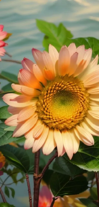 Vibrant sunflower with lush green leaves wallpaper.