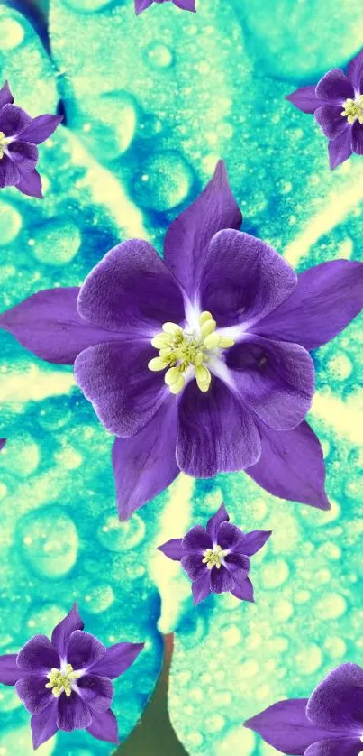 Purple flowers on a teal background with dewdrops.