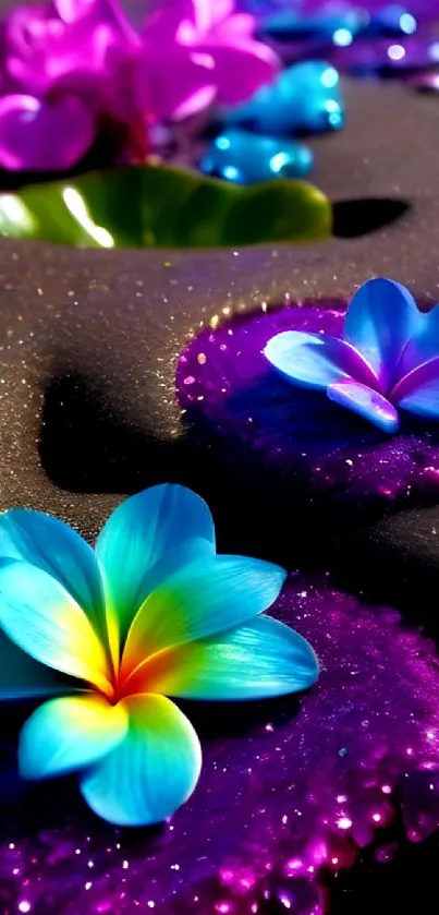 Vibrant colorful flowers on shimmering surface