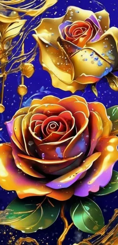 Golden roses with vibrant blue background mobile wallpaper.