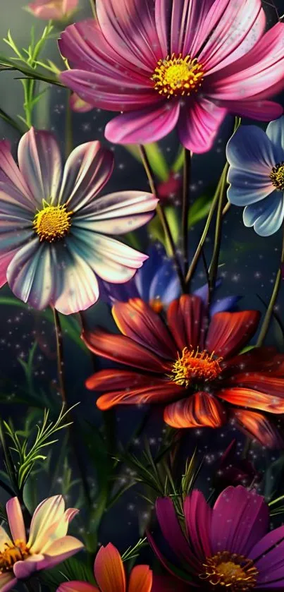 Colorful cosmos flowers wallpaper with vibrant hues on dark background